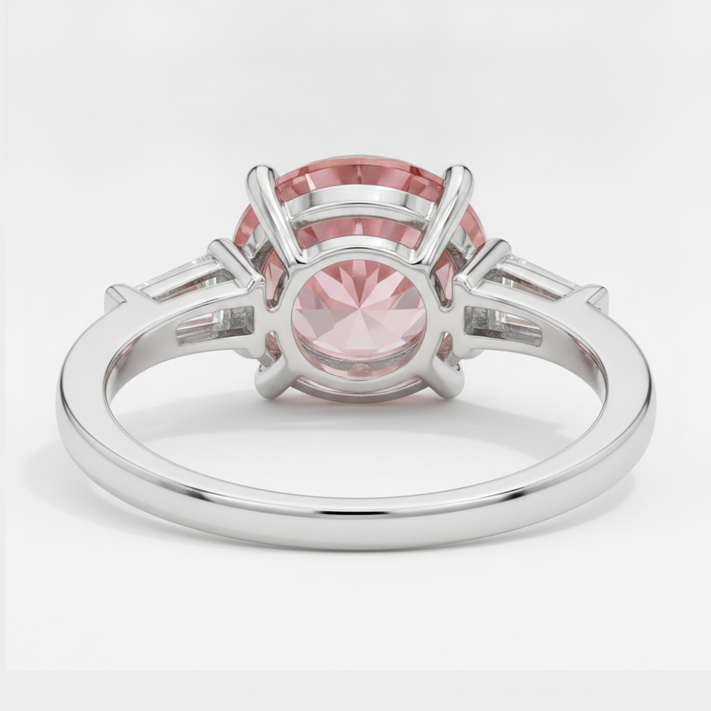 Round Padparadscha and White Baguette Three Stone Ring Natural Platinum