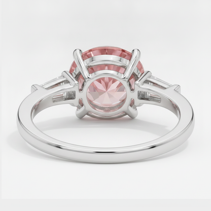 Round Padparadscha and White Baguette Three Stone Ring Natural Platinum