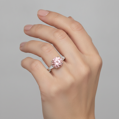 Round Padparadscha and White Baguette Three Stone Ring Natural Platinum