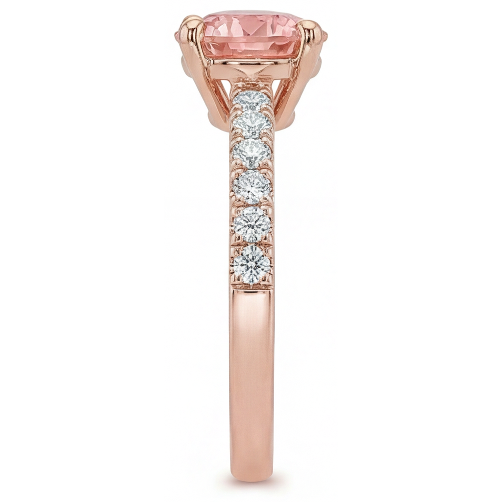 Round Padparadscha and White Diamond Pave Ring Natural 14K Rose Gold
