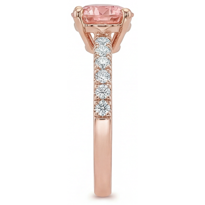 Round Padparadscha and White Diamond Pave Ring Natural 14K Rose Gold