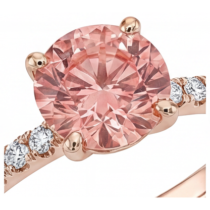 Round Padparadscha and White Diamond Pave Ring Natural 14K Rose Gold