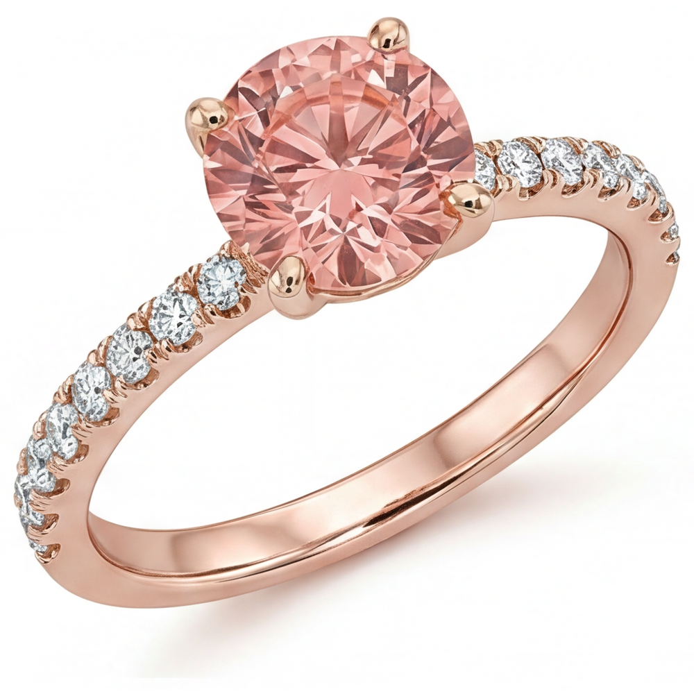 Round Padparadscha and White Diamond Pave Ring Natural 14K Rose Gold