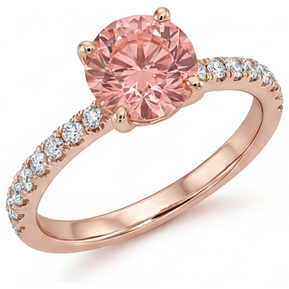 Round Padparadscha and White Diamond Pave Ring Natural 14K Rose Gold