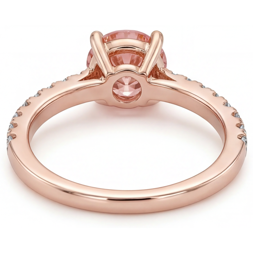 Round Padparadscha and White Diamond Pave Ring Natural 14K Rose Gold