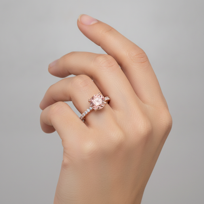 Round Padparadscha and White Diamond Pave Ring Natural 14K Rose Gold