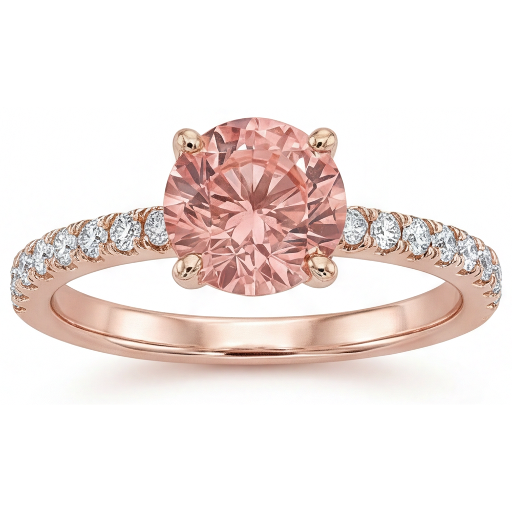 Round Padparadscha and White Diamond Pave Ring Natural 14K Rose Gold