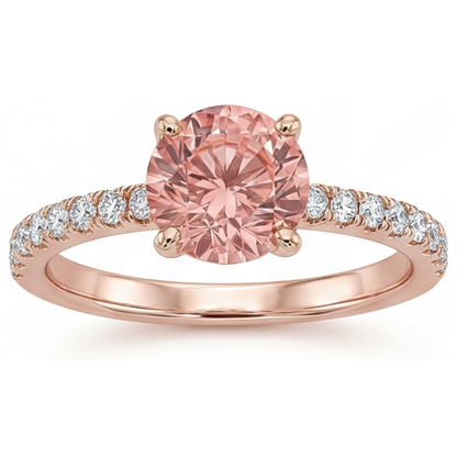 Round Padparadscha and White Diamond Pave Ring Natural 14K Rose Gold