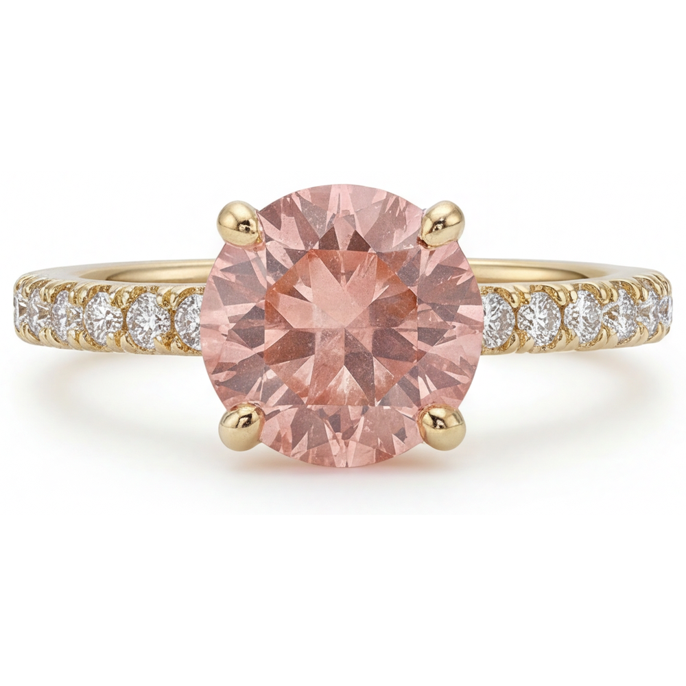 Round Padparadscha and White Diamond Pave Ring Natural 14K Yellow Gold