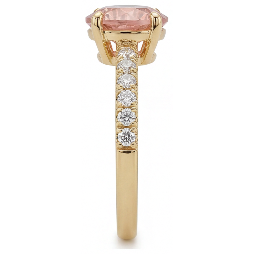 Round Padparadscha and White Diamond Pave Ring Natural 14K Yellow Gold