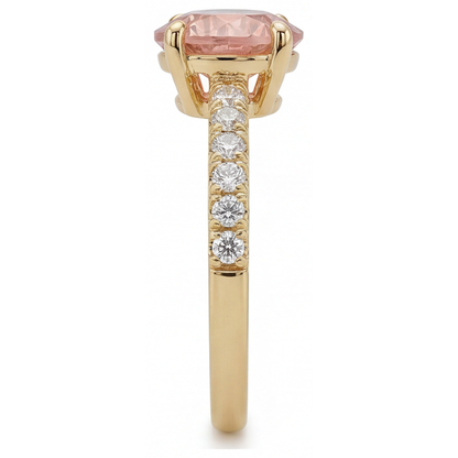 Round Padparadscha and White Diamond Pave Ring Natural 14K Yellow Gold