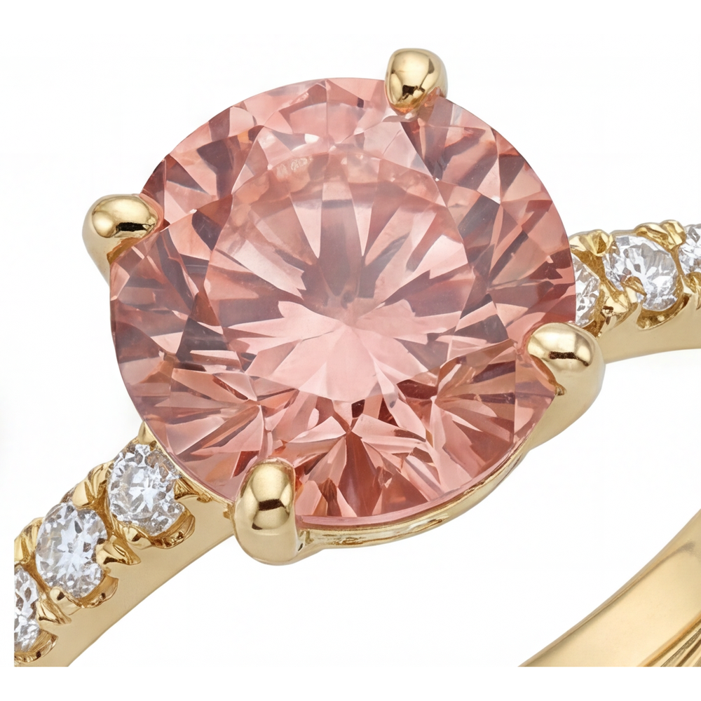 Round Padparadscha and White Diamond Pave Ring Natural 14K Yellow Gold