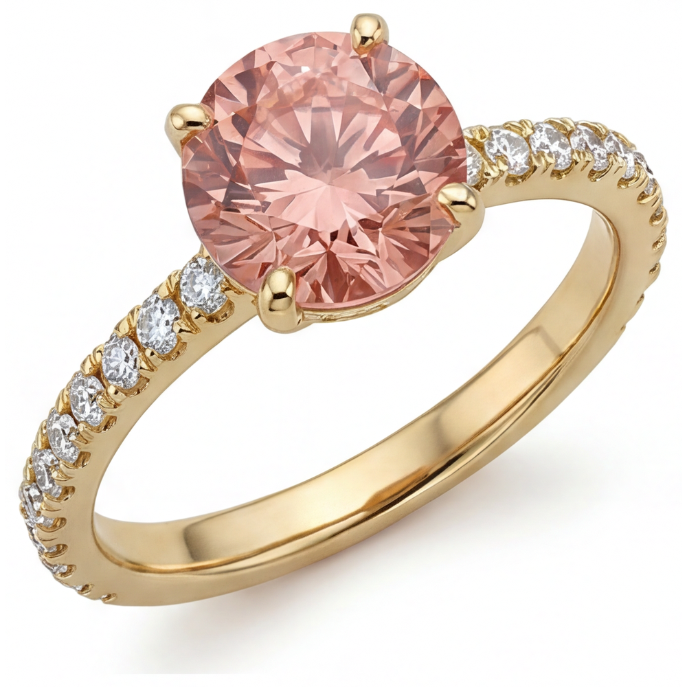 Round Padparadscha and White Diamond Pave Ring Natural 14K Yellow Gold