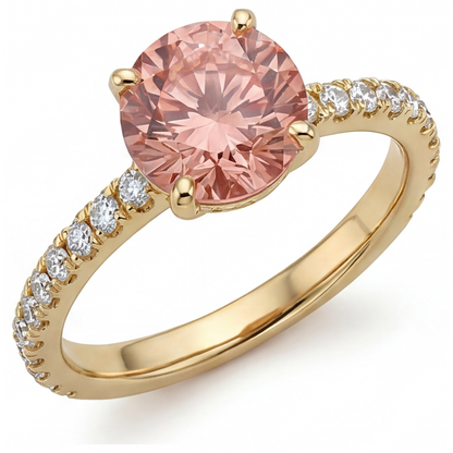 Round Padparadscha and White Diamond Pave Ring Natural 14K Yellow Gold