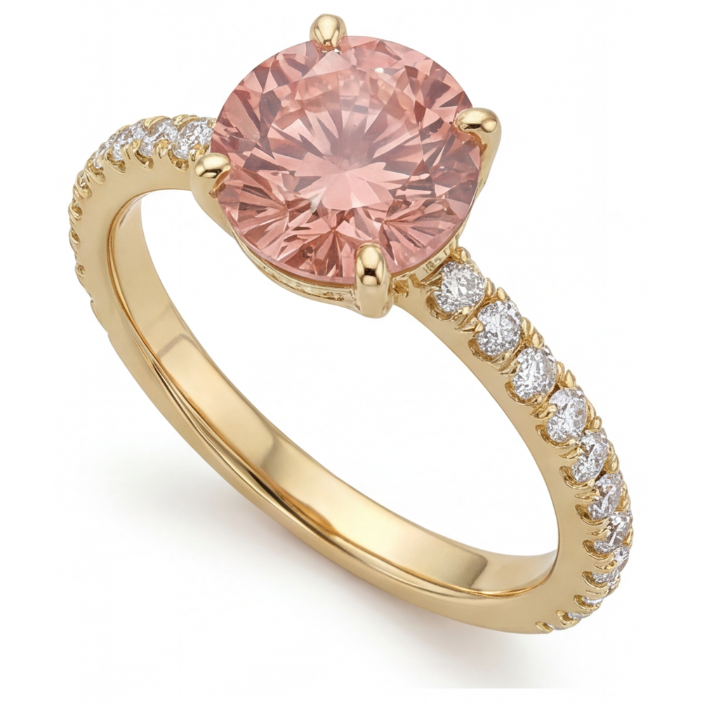 Round Padparadscha and White Diamond Pave Ring Natural 14K Yellow Gold