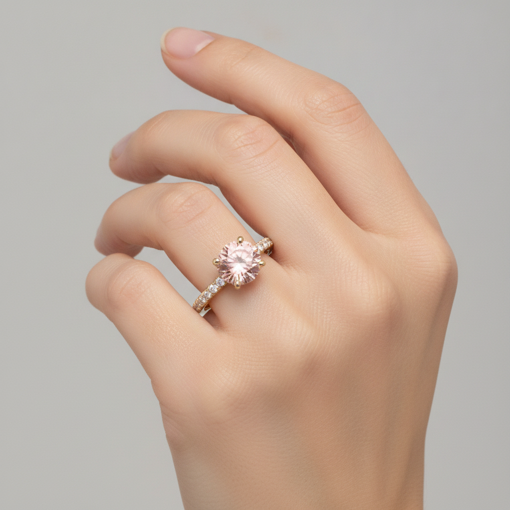 Round Padparadscha and White Diamond Pave Ring Natural 14K Yellow Gold
