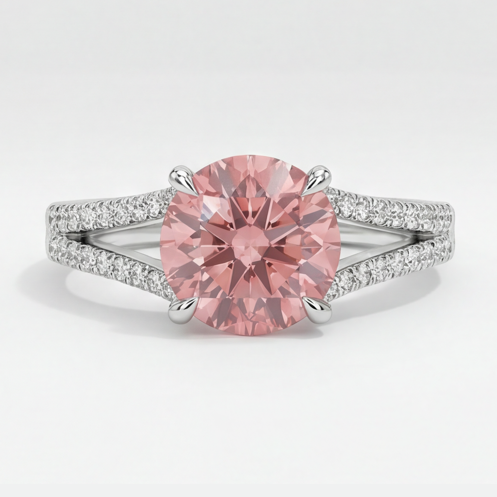 Round Padparadscha and White Diamond Split Shank Ring Natural 14K White Gold