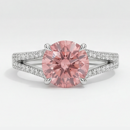 Round Padparadscha and White Diamond Split Shank Ring Natural 14K White Gold