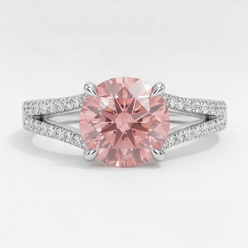 Round Padparadscha and White Diamond Split Shank Ring Natural 14K White Gold