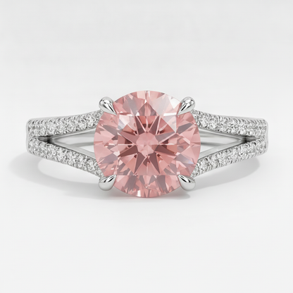 Round Padparadscha and White Diamond Split Shank Ring Natural 14K White Gold