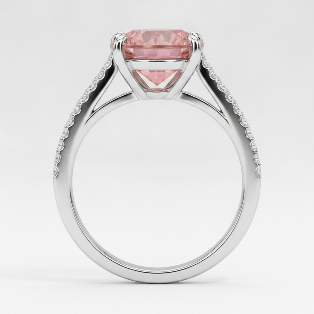 Round Padparadscha and White Diamond Split Shank Ring Natural 14K White Gold