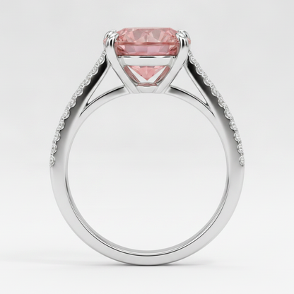 Round Padparadscha and White Diamond Split Shank Ring Natural 14K White Gold