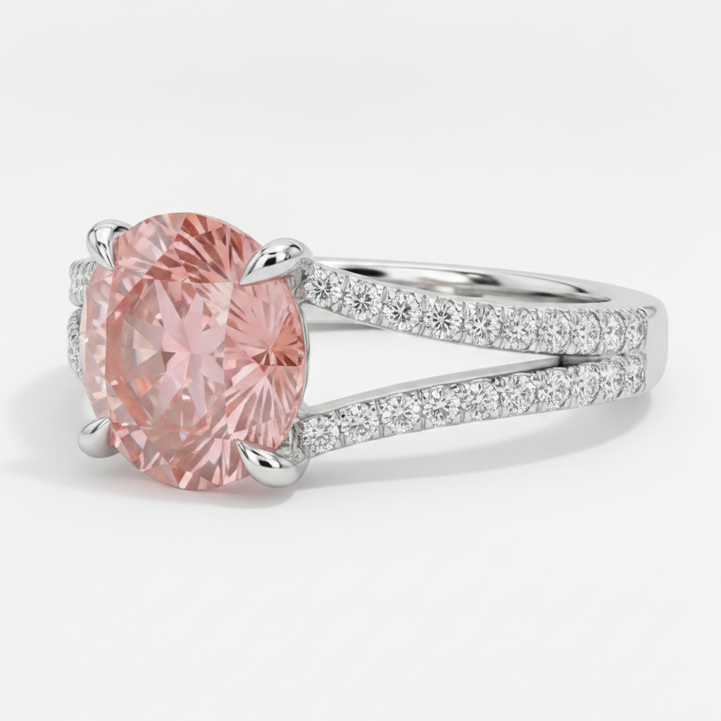Round Padparadscha and White Diamond Split Shank Ring Natural 14K White Gold