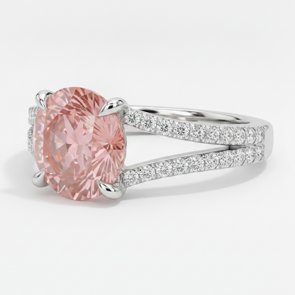 Round Padparadscha and White Diamond Split Shank Ring Natural 14K White Gold