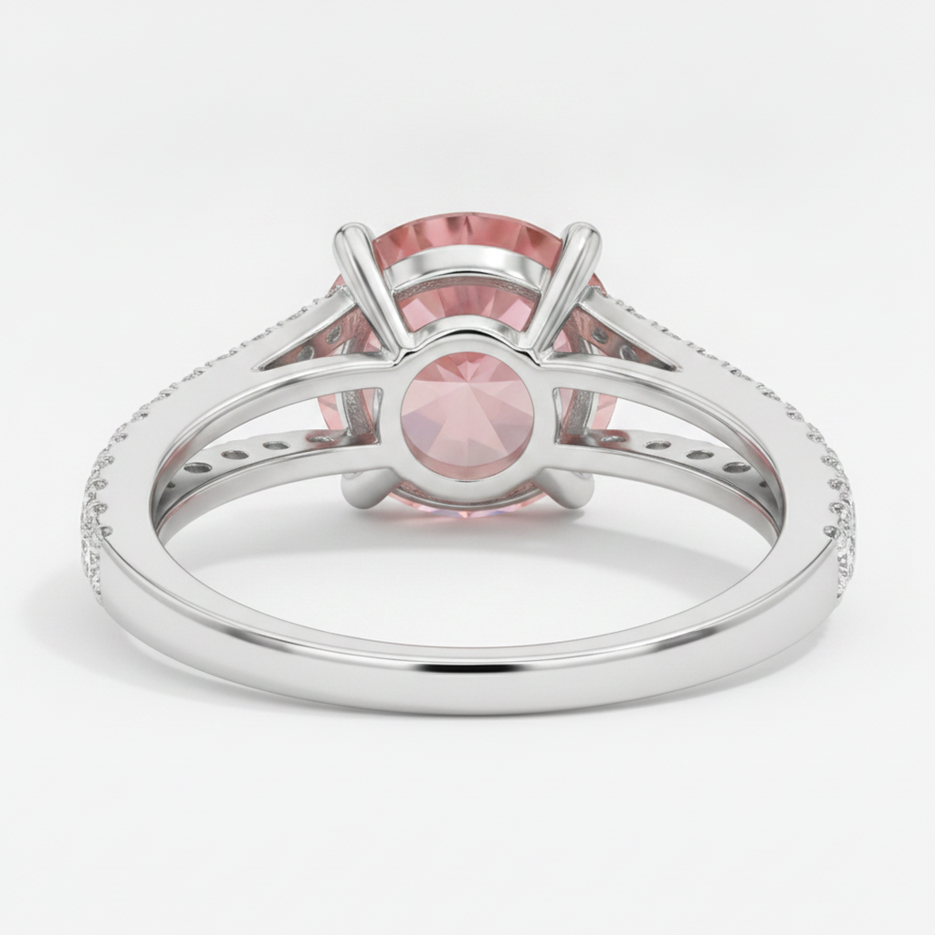 Round Padparadscha and White Diamond Split Shank Ring Natural 14K White Gold