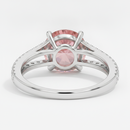 Round Padparadscha and White Diamond Split Shank Ring Natural 14K White Gold