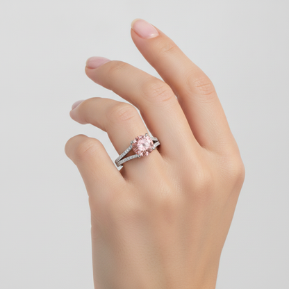 Round Padparadscha and White Diamond Split Shank Ring Natural 14K White Gold