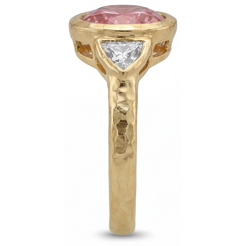 Round Padparadscha Bezel Three Stone Ring Natural 14K Yellow Gold