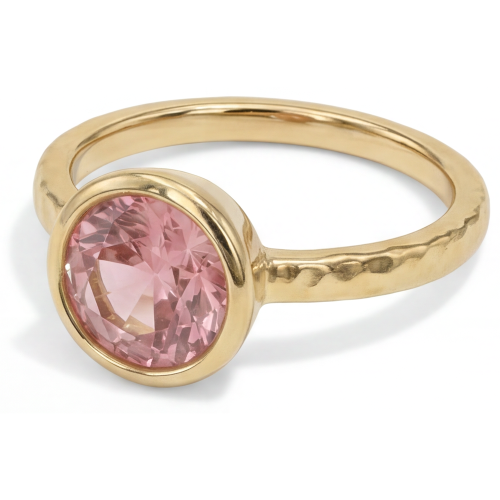 Round Padparadscha Bezel Solitaire Ring Natural 14K Yellow Gold