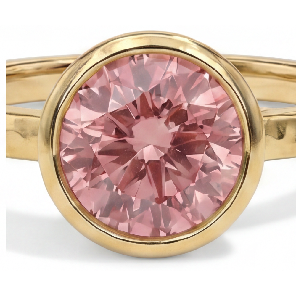 Round Padparadscha Bezel Solitaire Ring Natural 14K Yellow Gold