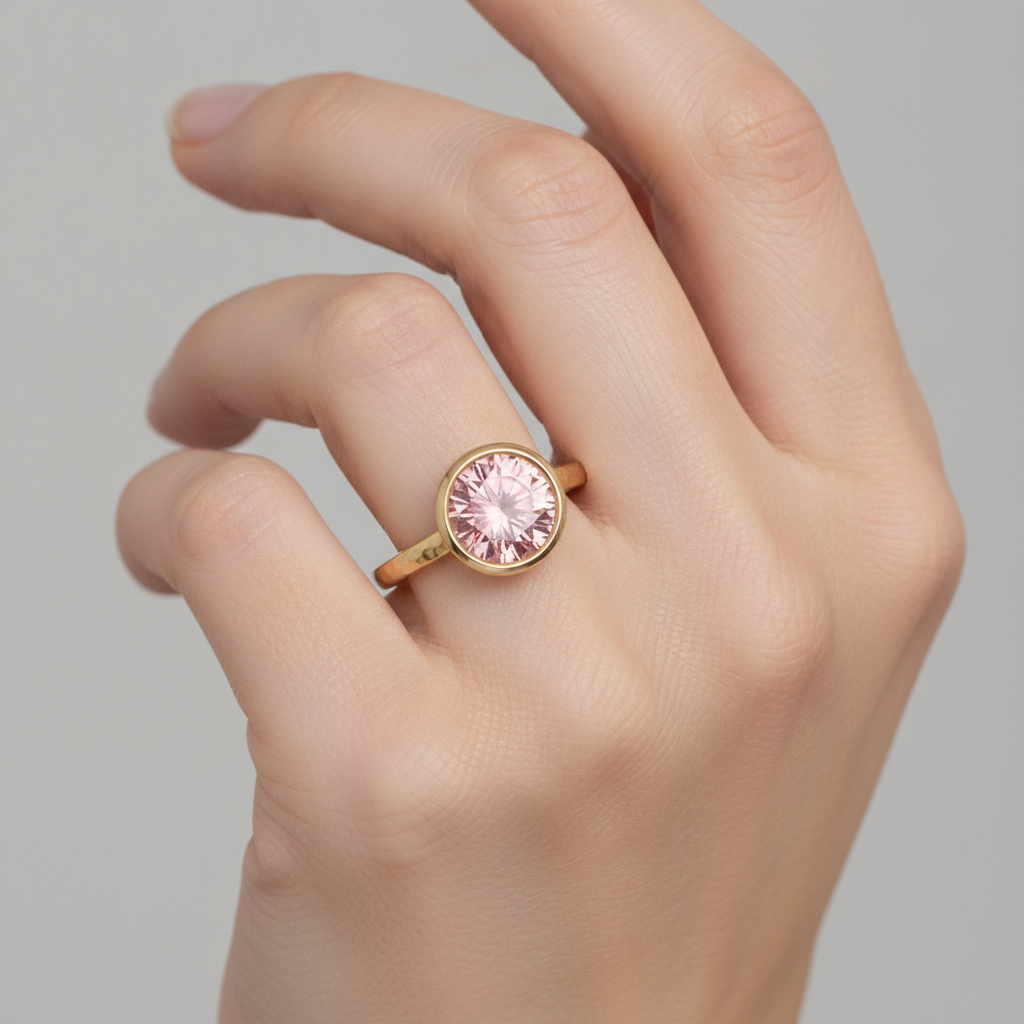 Round Padparadscha Bezel Solitaire Ring Natural 14K Yellow Gold