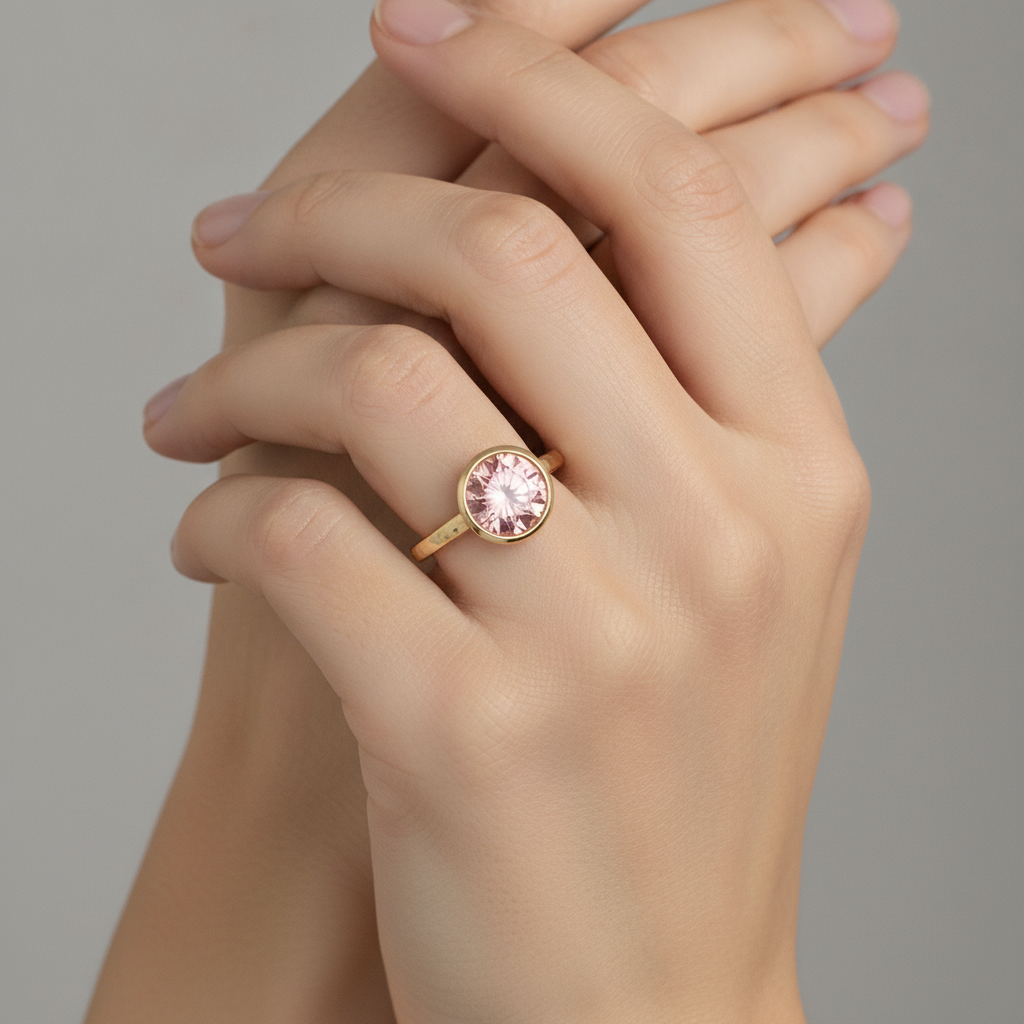 Round Padparadscha Bezel Solitaire Ring Natural 14K Yellow Gold