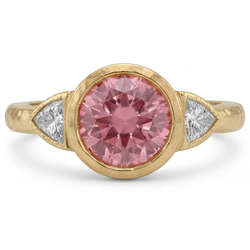 Round Padparadscha Bezel Three Stone Ring Natural 14K Yellow Gold