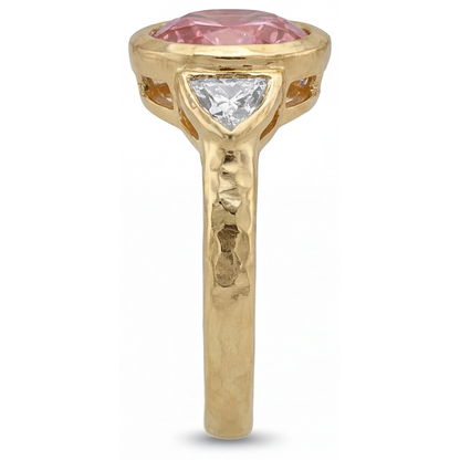 Round Padparadscha Bezel Three Stone Ring Natural 14K Yellow Gold