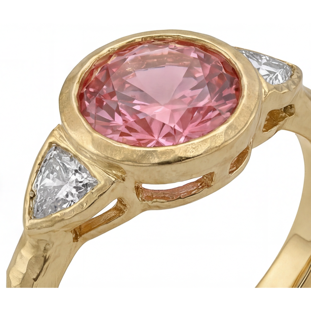 Round Padparadscha Bezel Three Stone Ring Natural 14K Yellow Gold