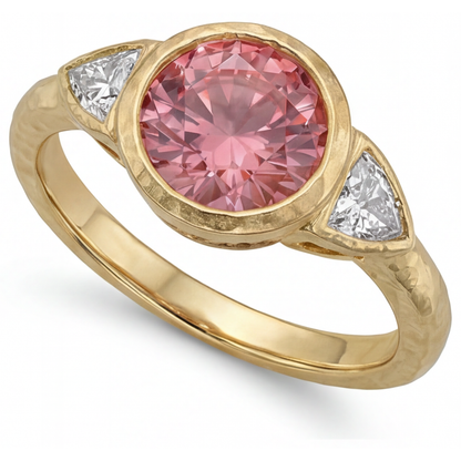 Round Padparadscha Bezel Three Stone Ring Natural 14K Yellow Gold