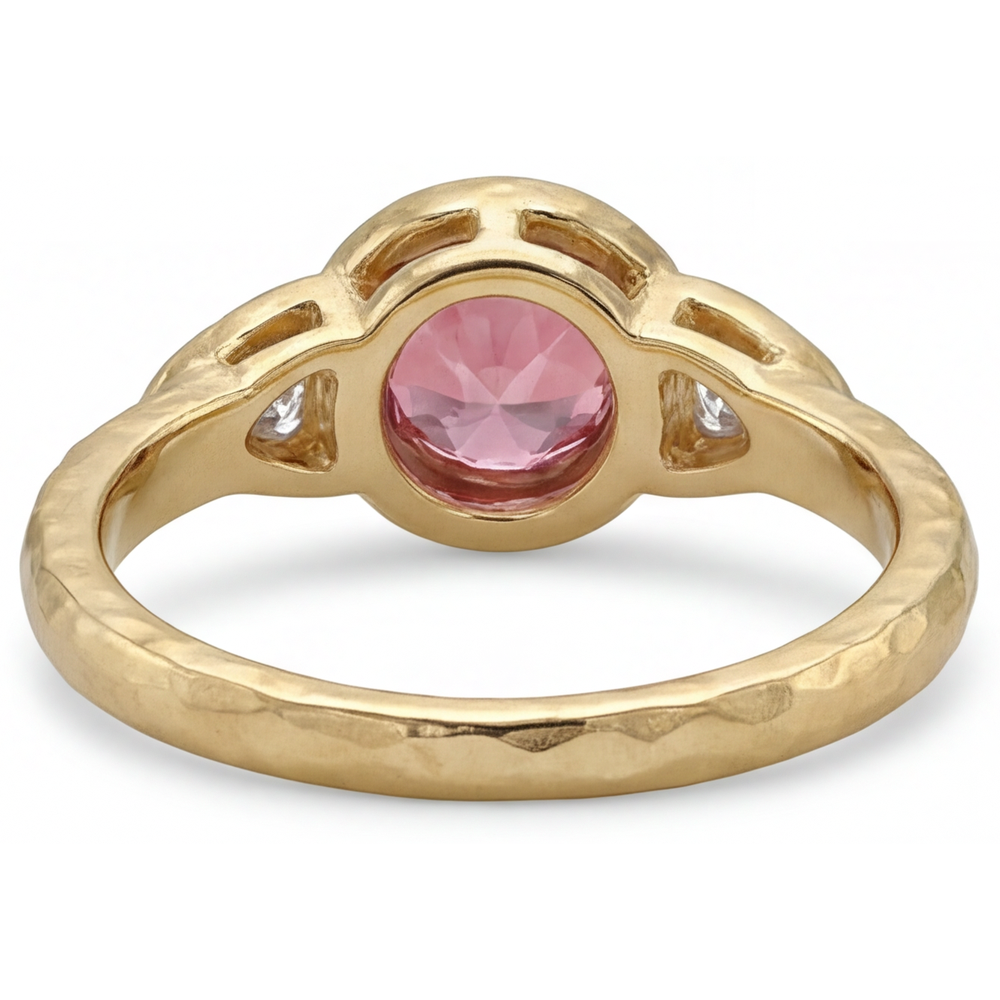 Round Padparadscha Bezel Three Stone Ring Natural 14K Yellow Gold