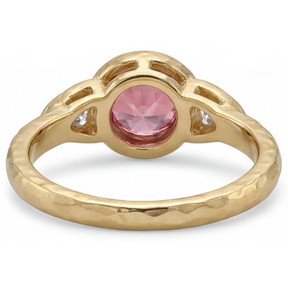 Round Padparadscha Bezel Three Stone Ring Natural 14K Yellow Gold