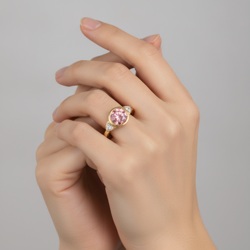 Round Padparadscha Bezel Three Stone Ring Natural 14K Yellow Gold