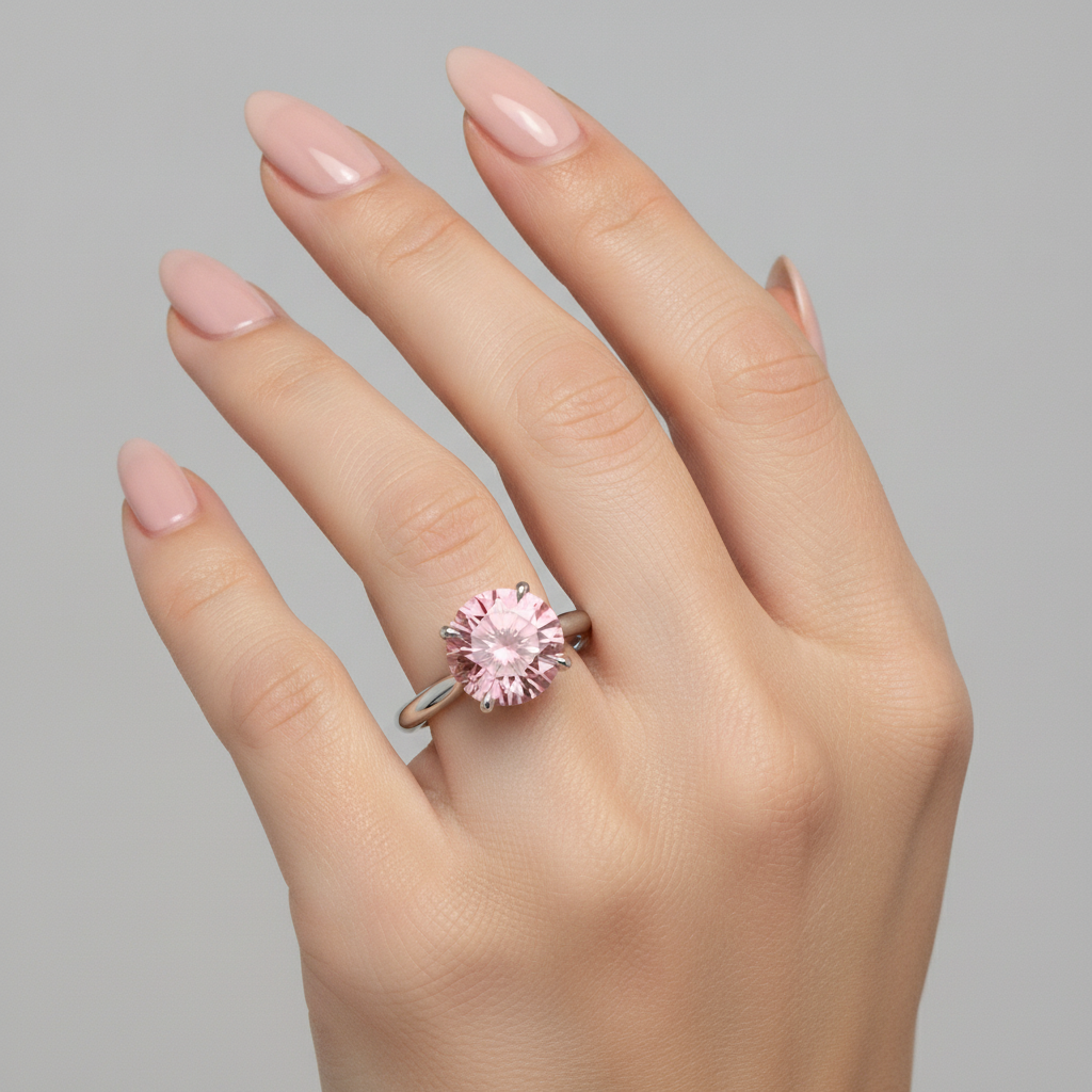 Round Padparadscha Solitaire Ring Natural 14K White Gold