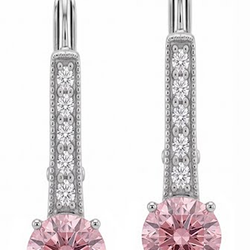 Round Pink Lab Grown Diamond and White Diamond Bar Leverback Earrings 14K White Gold