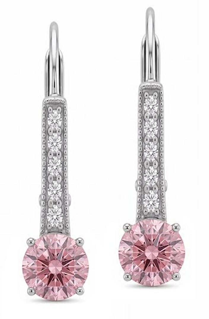 Round Pink Lab Grown Diamond and White Diamond Bar Leverback Earrings 14K White Gold