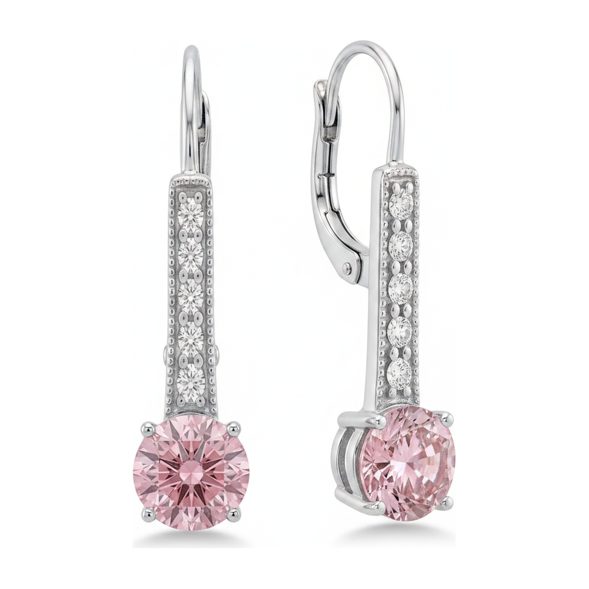 Round Pink Lab Grown Diamond and White Diamond Bar Leverback Earrings 14K White Gold