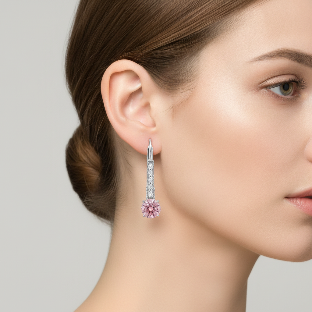 Round Pink Lab Grown Diamond and White Diamond Bar Leverback Earrings 14K White Gold worn on ear