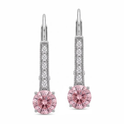 Round Pink Lab Grown Diamond and White Diamond Bar Leverback Earrings 14K White Gold