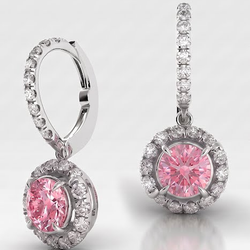 Round Pink Lab Grown Diamond and White Diamond Halo Leverback Earrings 14K White Gold